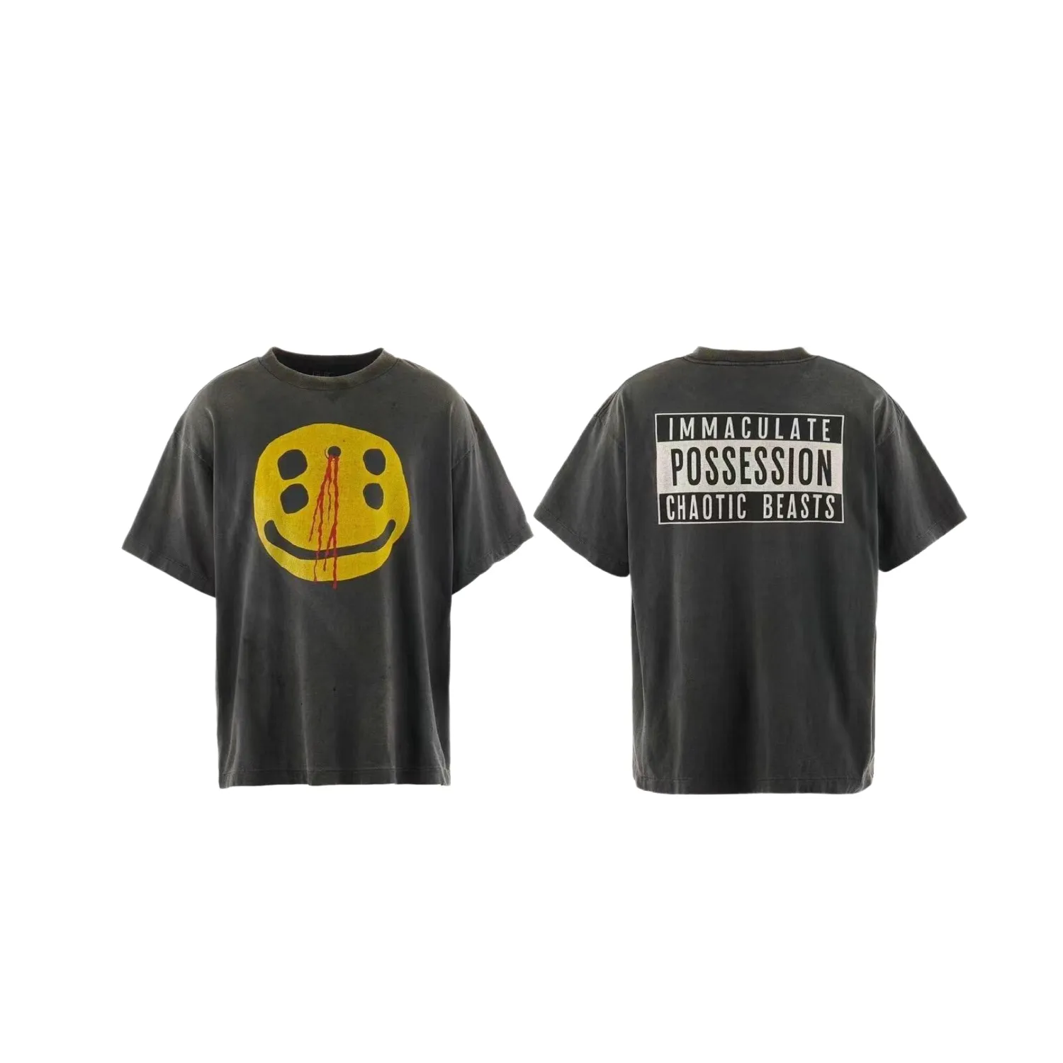 🧸CPFM co-branded Saint Micheal trendy brand washed distressed smiley face printed short-sleeved high street American casual T-shirt p136 Style number: 014-6 Size: S-XL The base coat is Assute dyed and sprayed with Maliu. It presents a retro and old texture. The pattern is hand-painted with a leather texture imprinting effect. 260g double washing and drying, plus soft fabric for comfort and durability. The color fixing effect is excellent. The bold smiley face pattern gives it a bold design. The oversized version can be worn by both men and women.